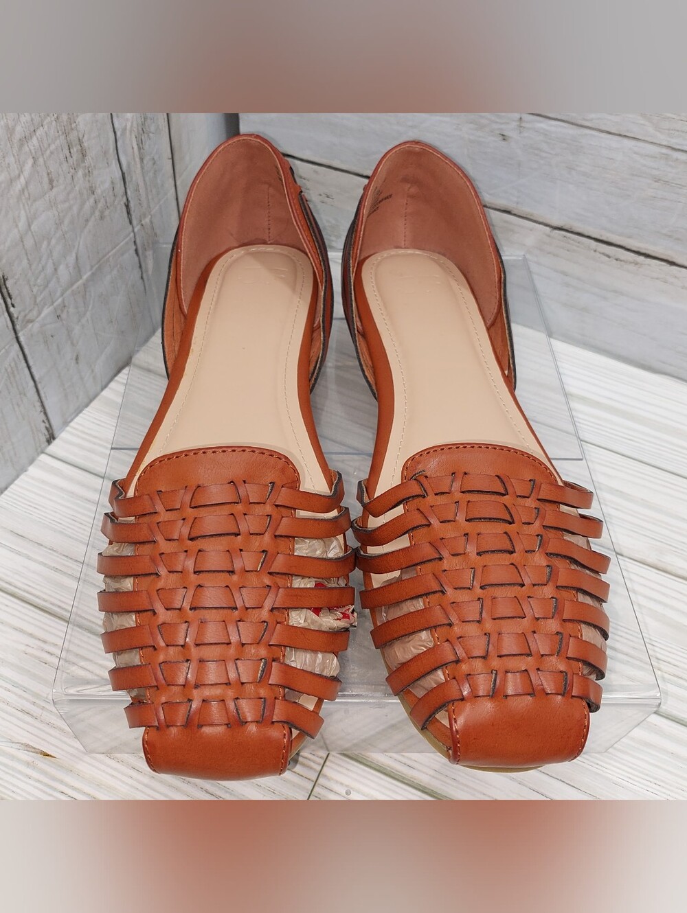 JustFab Lucita Wmn Sz10 Brown Vegan Leather SlipOn Woven Fisherman Flats Sandals